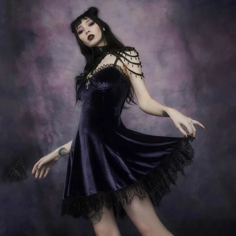 Goth Cross Sexy Purple Dress Vintage Velvet A Line Lolita Dress Aesthetic Gothic High Waist Ladies Club Party Dresses