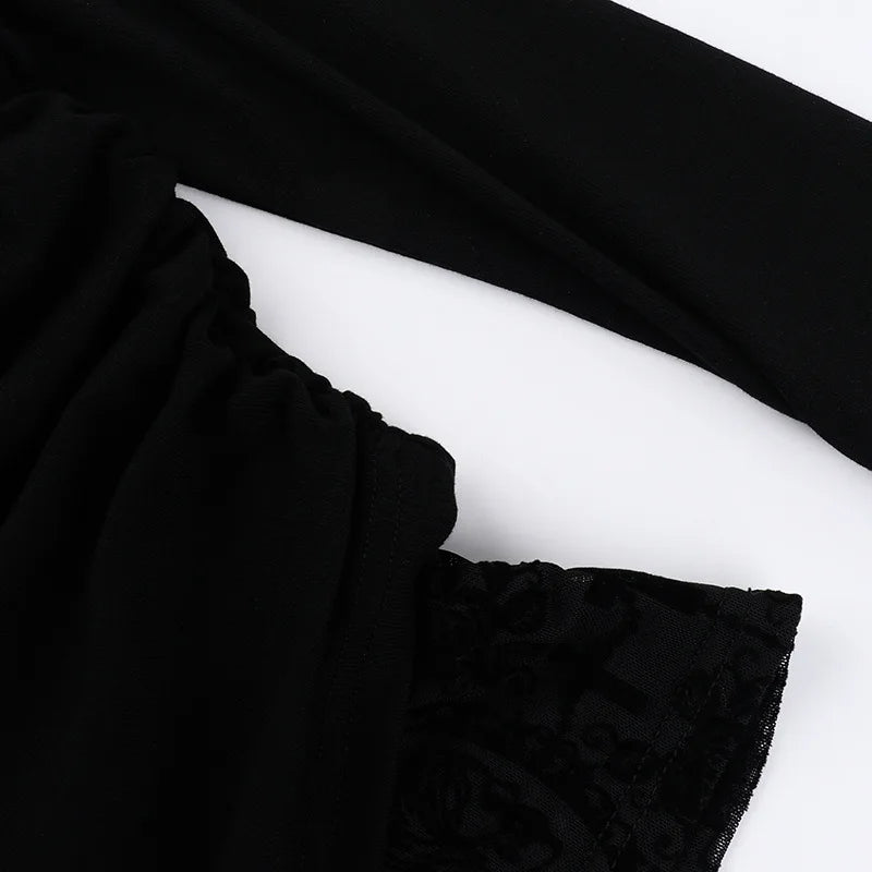 Goth Long Sleeve Oblique Shoulder Tops Fashion Autumn Elegant Flocking Mesh Patchwork T-shirts Mall Goth Techwear Alt Cloth