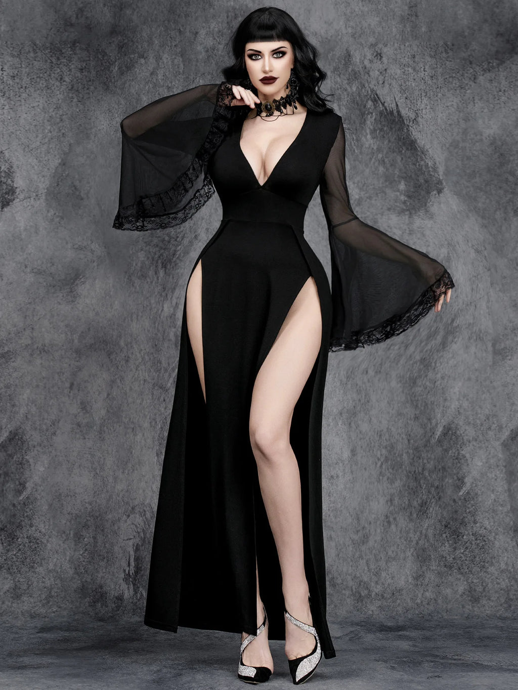 AltGoth Aesthetic Gothic Dark Cosplay Dress Women Streetwear Vintage Elegant Lace Sleeve Patchwork V-neck High Waist Split Dress