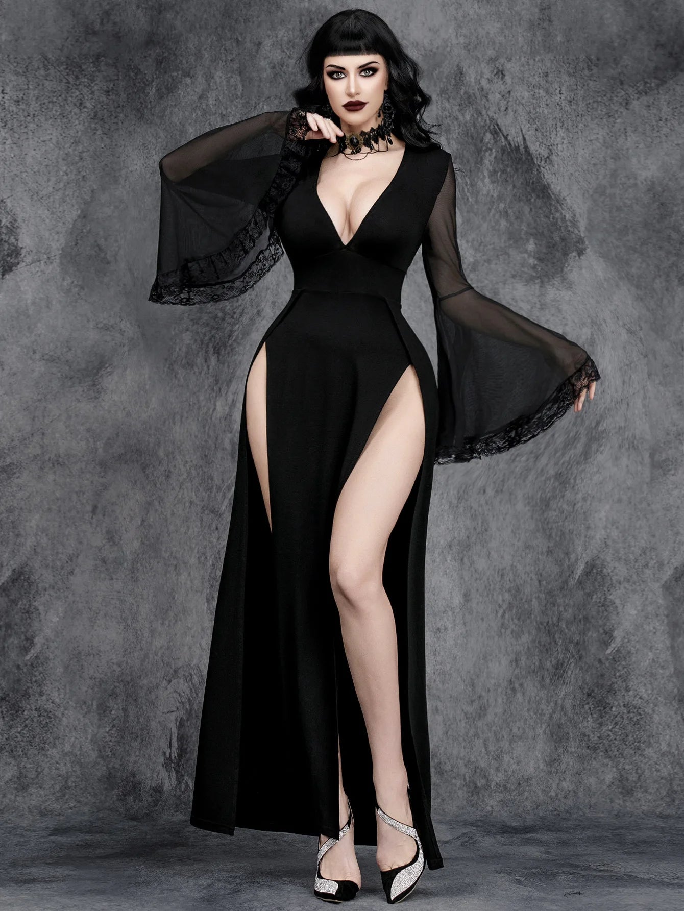 AltGoth Aesthetic Gothic Dark Cosplay Dress Women Streetwear Vintage Elegant Lace Sleeve Patchwork V-neck High Waist Split Dress