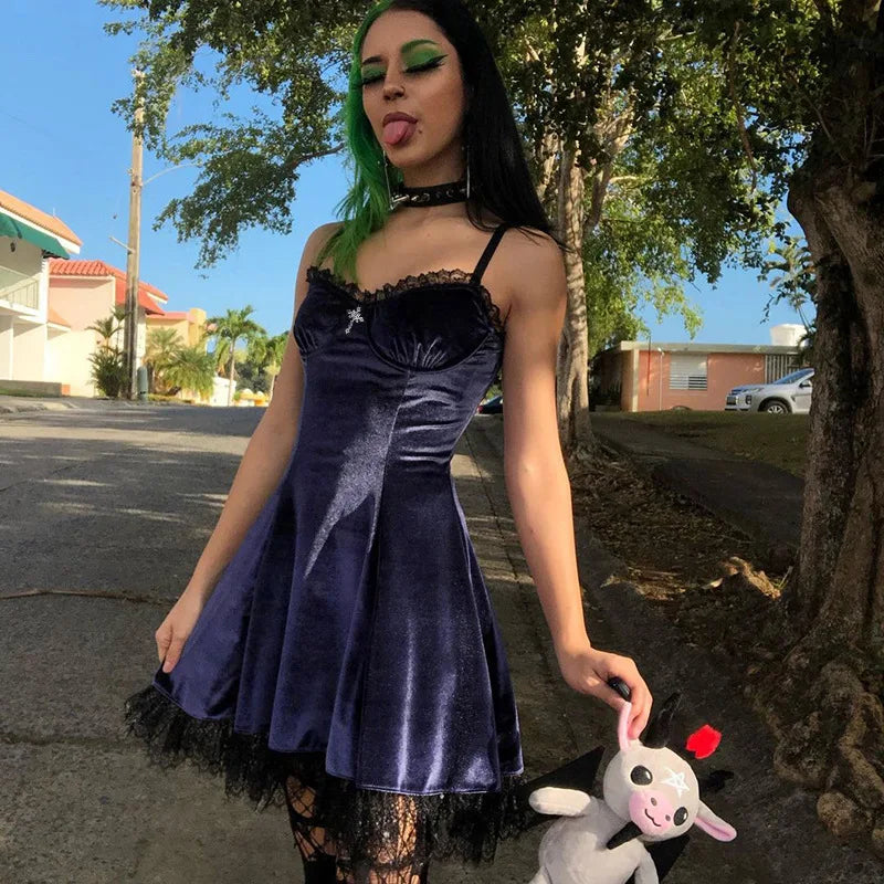 Goth Cross Sexy Purple Dress Vintage Velvet A Line Lolita Dress Aesthetic Gothic High Waist Ladies Club Party Dresses