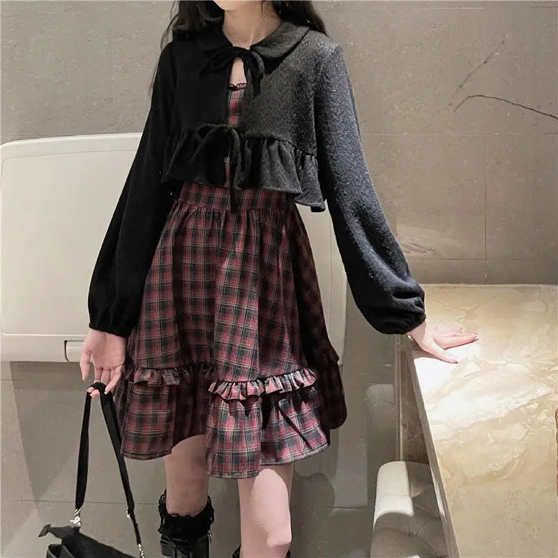 KOSAHIKI Plaid Dress Sets Women Outfits Black Lace Up Long Sleeve Cardigan Teen Girls Ruffles Sweet High Waist Sleeveless Dresse
