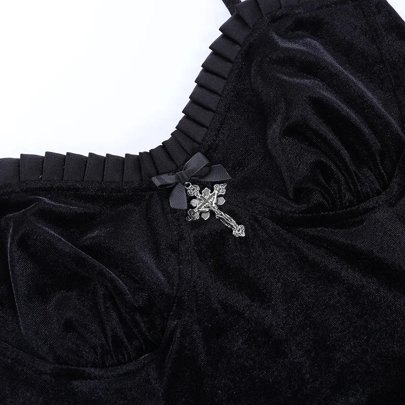 Goth Cross Sexy Purple Dress Vintage Velvet A Line Lolita Dress Aesthetic Gothic High Waist Ladies Club Party Dresses