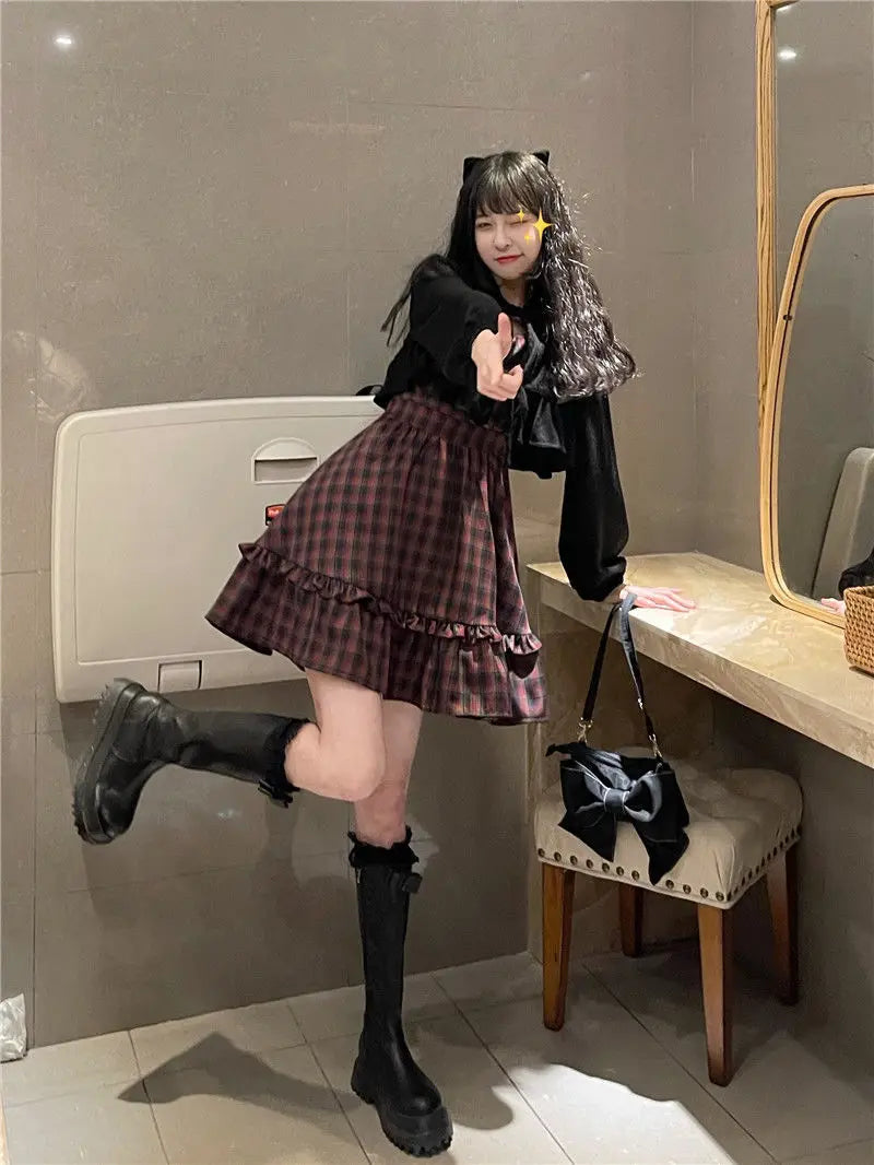 KOSAHIKI Plaid Dress Sets Women Outfits Black Lace Up Long Sleeve Cardigan Teen Girls Ruffles Sweet High Waist Sleeveless Dresse