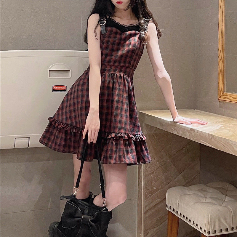 KOSAHIKI Plaid Dress Sets Women Outfits Black Lace Up Long Sleeve Cardigan Teen Girls Ruffles Sweet High Waist Sleeveless Dresse