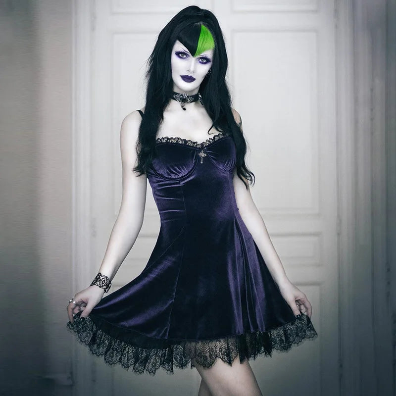 Goth Cross Sexy Purple Dress Vintage Velvet A Line Lolita Dress Aesthetic Gothic High Waist Ladies Club Party Dresses