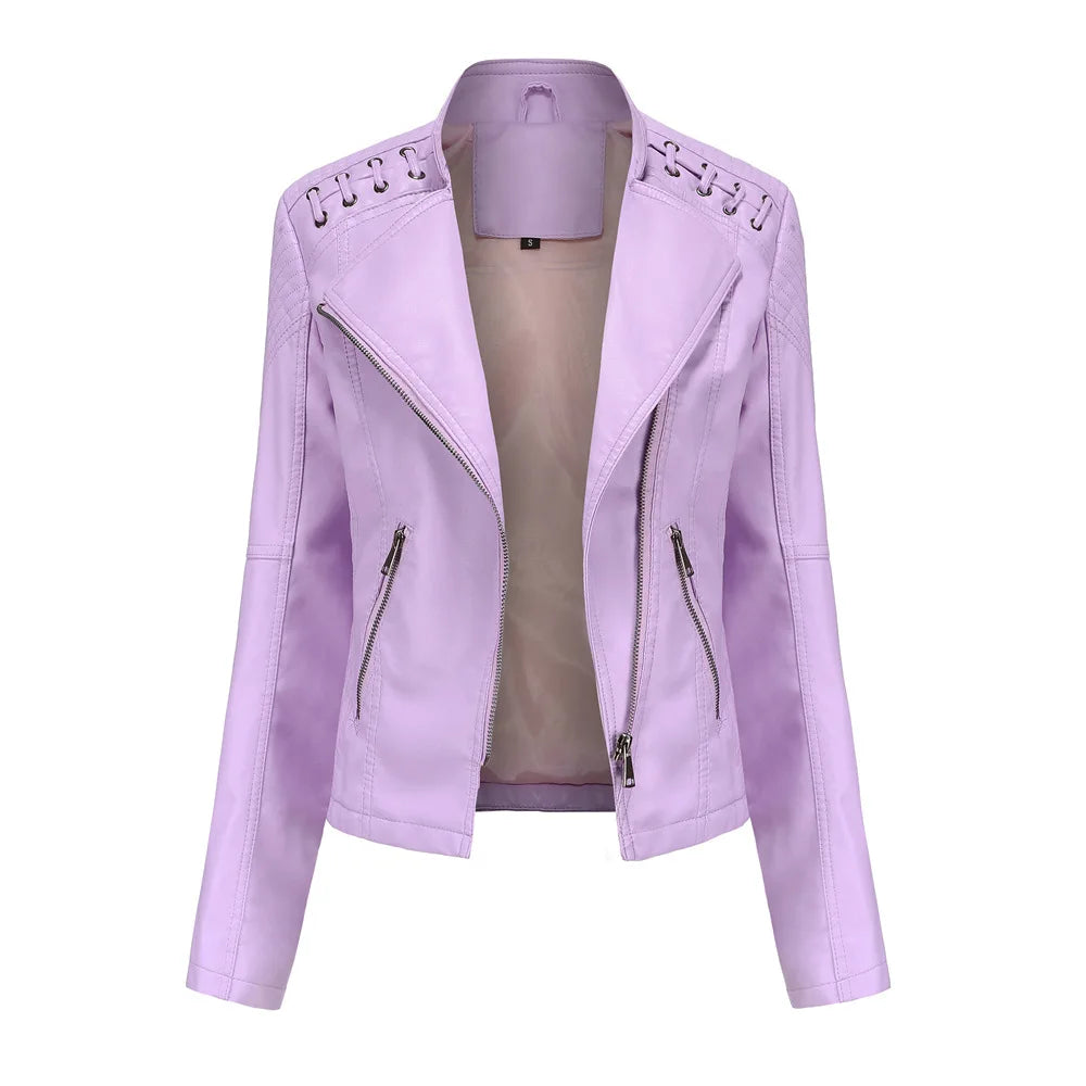 Faux Leather Motorcycle Jacket for Women, Female Coat, Moto Biker, Purple, Black,  Autumn, Spring, Fashion