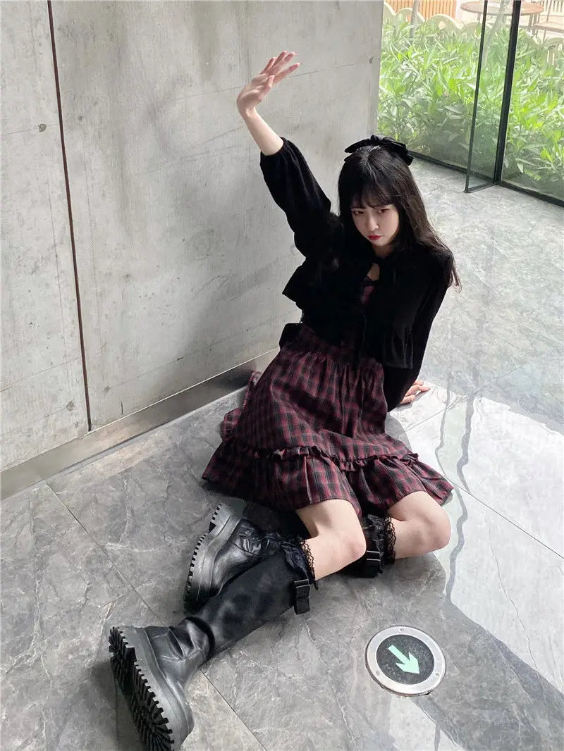 KOSAHIKI Plaid Dress Sets Women Outfits Black Lace Up Long Sleeve Cardigan Teen Girls Ruffles Sweet High Waist Sleeveless Dresse