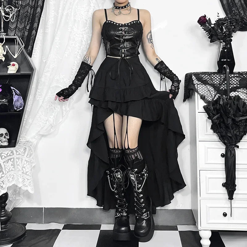Goth Dark Kawaii Black Tiered Skirts 90S Retro Irregular Hem Party Bottoms Mall Gothic Women Fashion Dragging Skirt Alt Clothing