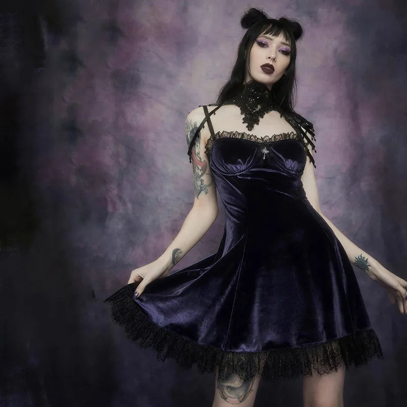 Goth Cross Sexy Purple Dress Vintage Velvet A Line Lolita Dress Aesthetic Gothic High Waist Ladies Club Party Dresses