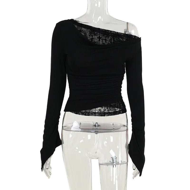Goth Long Sleeve Oblique Shoulder Tops Fashion Autumn Elegant Flocking Mesh Patchwork T-shirts Mall Goth Techwear Alt Cloth