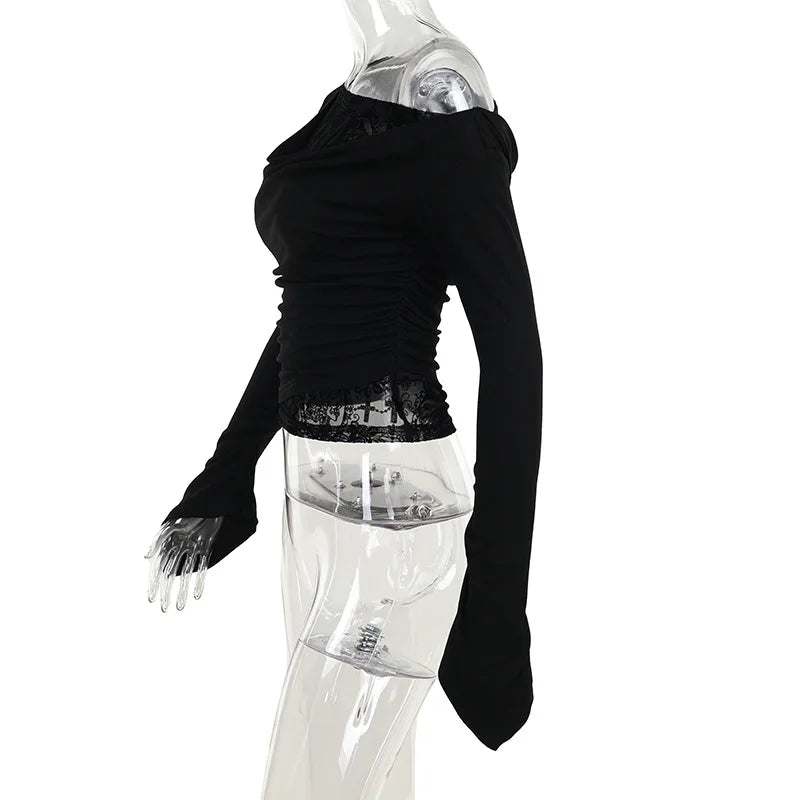 Goth Long Sleeve Oblique Shoulder Tops Fashion Autumn Elegant Flocking Mesh Patchwork T-shirts Mall Goth Techwear Alt Cloth