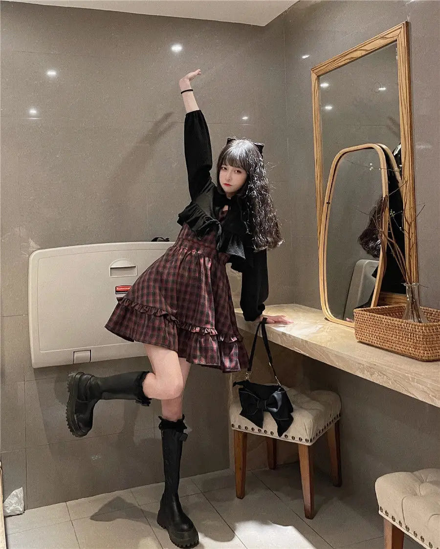 KOSAHIKI Plaid Dress Sets Women Outfits Black Lace Up Long Sleeve Cardigan Teen Girls Ruffles Sweet High Waist Sleeveless Dresse