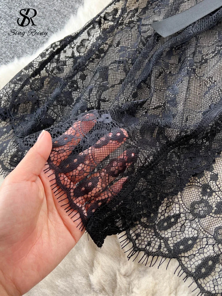 SINGREINY Mesh Lace Sxy Cardigan Pajamas Women Thin V Neck Transparent Black Lace-Up Design Fashion Loose Long Shawl Cardigan