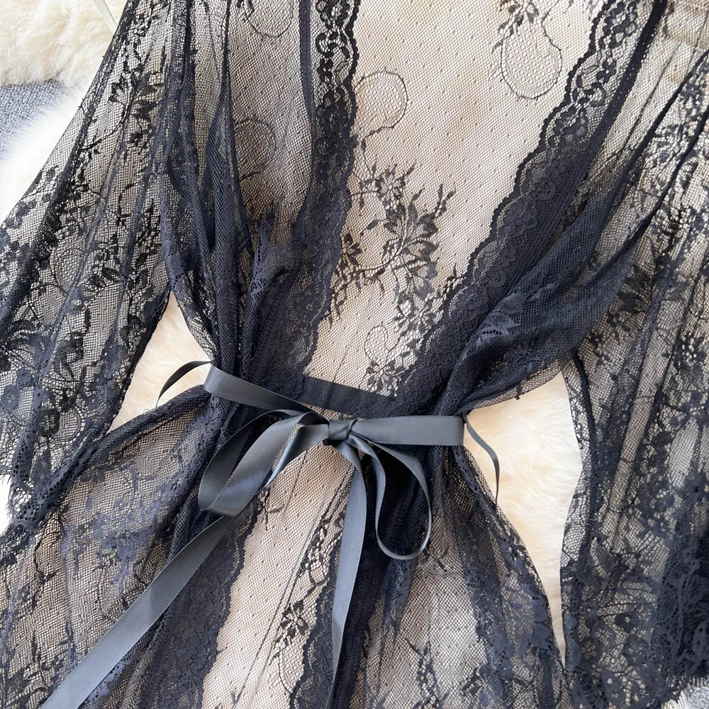 SINGREINY Mesh Lace Sxy Cardigan Pajamas Women Thin V Neck Transparent Black Lace-Up Design Fashion Loose Long Shawl Cardigan