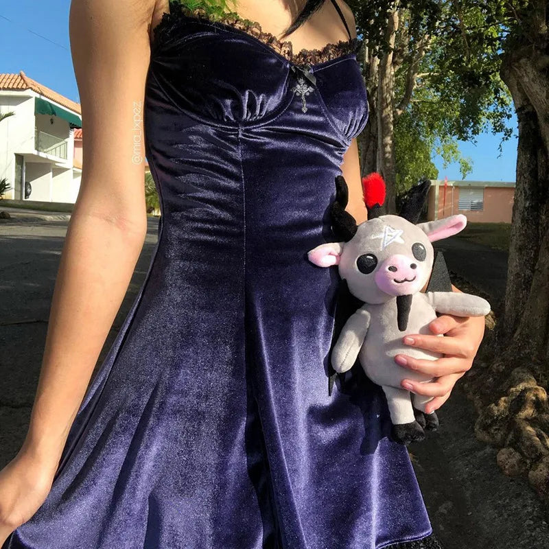Goth Cross Sexy Purple Dress Vintage Velvet A Line Lolita Dress Aesthetic Gothic High Waist Ladies Club Party Dresses