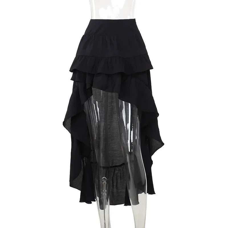 Goth Dark Kawaii Black Tiered Skirts 90S Retro Irregular Hem Party Bottoms Mall Gothic Women Fashion Dragging Skirt Alt Clothing