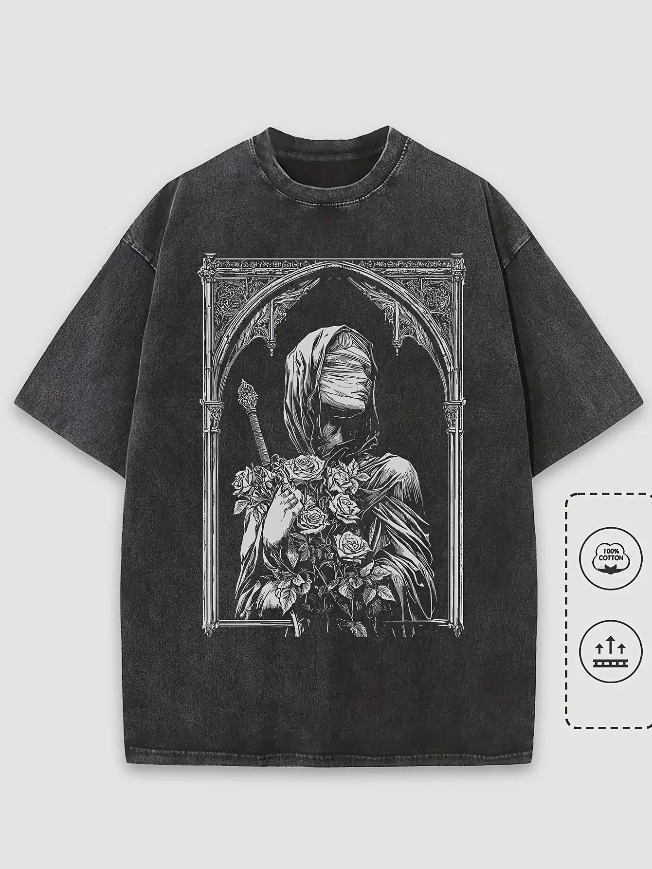 Gothic Architecture Print Washed 100% Cotton Trendy Unisex T-shirt, Summer Outdoor Casual Fashion Loose Street Short Sleeve