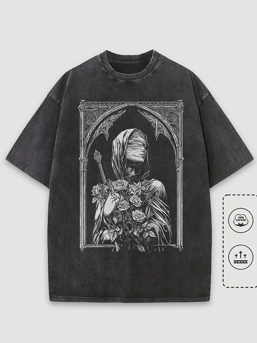 Gothic Architecture Print Washed 100% Cotton Trendy Unisex T-shirt, Summer Outdoor Casual Fashion Loose Street Short Sleeve
