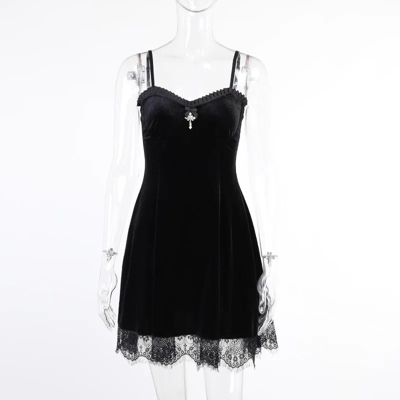 Goth Cross Sexy Purple Dress Vintage Velvet A Line Lolita Dress Aesthetic Gothic High Waist Ladies Club Party Dresses