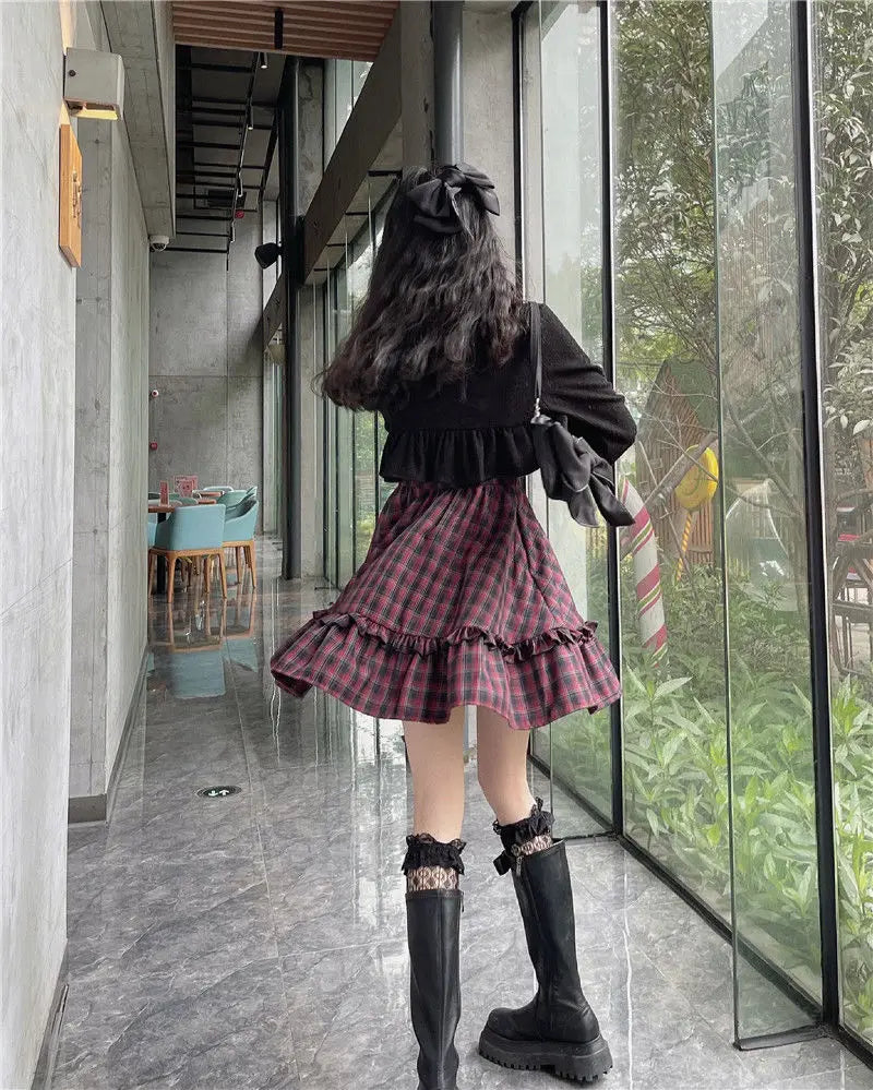 KOSAHIKI Plaid Dress Sets Women Outfits Black Lace Up Long Sleeve Cardigan Teen Girls Ruffles Sweet High Waist Sleeveless Dresse