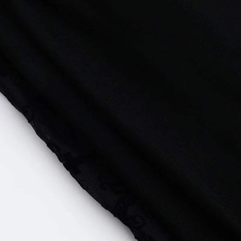 Goth Long Sleeve Oblique Shoulder Tops Fashion Autumn Elegant Flocking Mesh Patchwork T-shirts Mall Goth Techwear Alt Cloth