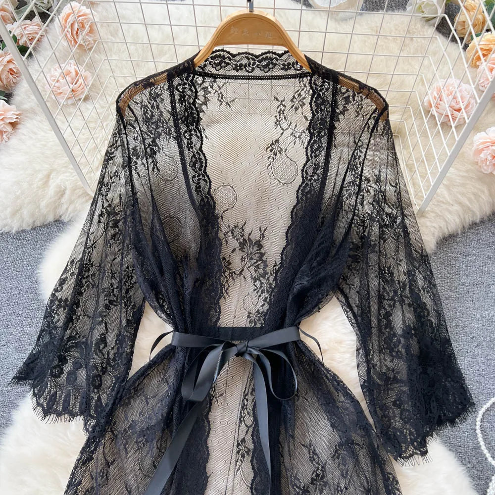 SINGREINY Mesh Lace Sxy Cardigan Pajamas Women Thin V Neck Transparent Black Lace-Up Design Fashion Loose Long Shawl Cardigan
