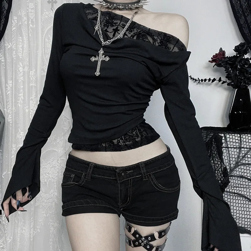 Goth Dark Autumn Fashion Long Sleeve Oblique Shoulder Tops Elegant Flocking Mesh Patchwork T-shirts Mall Goth Techwear Alt Cloth