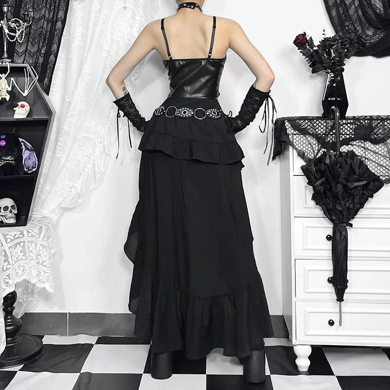 Goth Dark Kawaii Black Tiered Skirts 90S Retro Irregular Hem Party Bottoms Mall Gothic Women Fashion Dragging Skirt Alt Clothing
