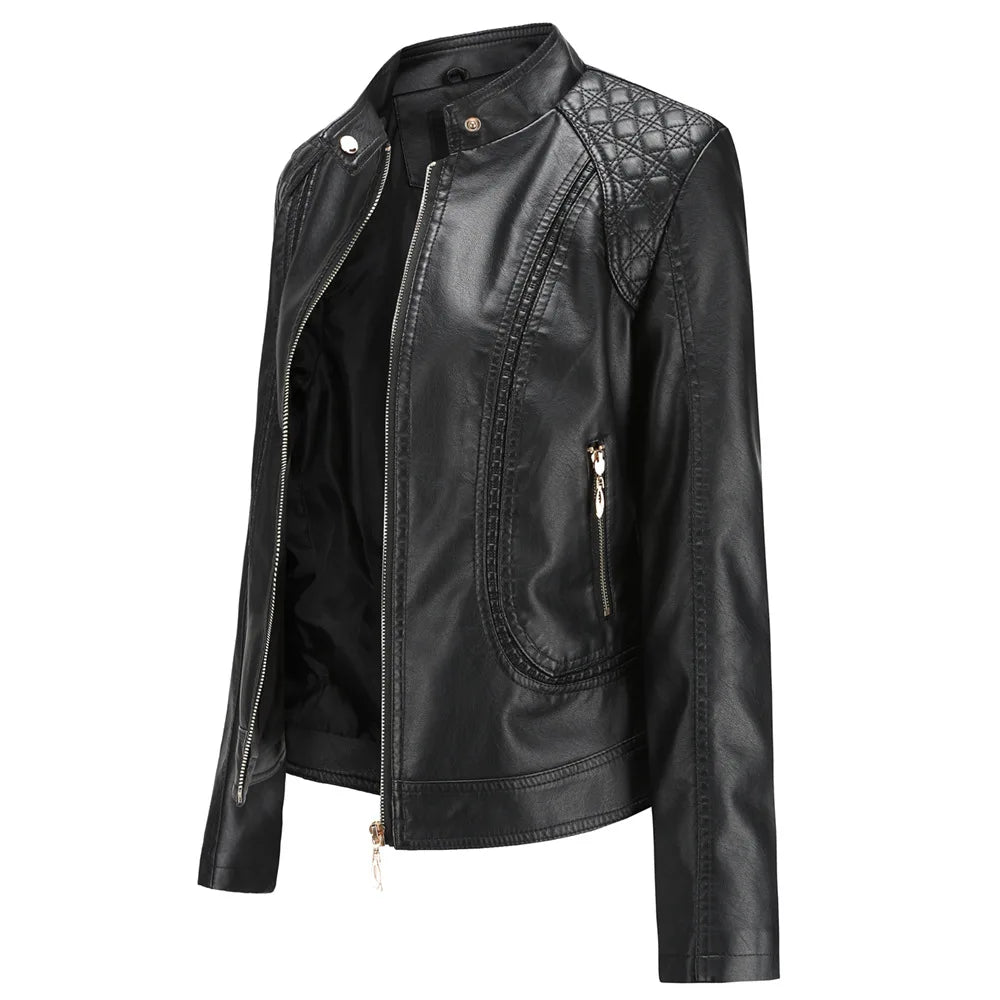 Faux Leather Motorcycle Jacket for Women, Female Coat, Moto Biker, Purple, Black,  Autumn, Spring, Fashion