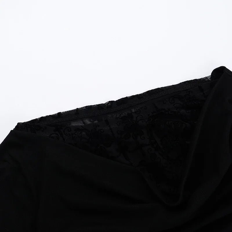 Goth Dark Autumn Fashion Long Sleeve Oblique Shoulder Tops Elegant Flocking Mesh Patchwork T-shirts Mall Goth Techwear Alt Cloth