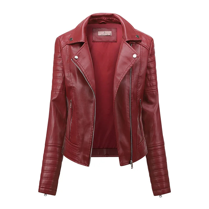 Faux Leather Motorcycle Jacket for Women, Female Coat, Moto Biker, Purple, Black,  Autumn, Spring, Fashion