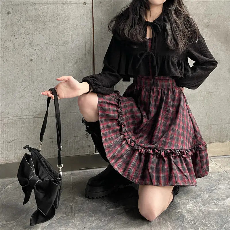 KOSAHIKI Plaid Dress Sets Women Outfits Black Lace Up Long Sleeve Cardigan Teen Girls Ruffles Sweet High Waist Sleeveless Dresse