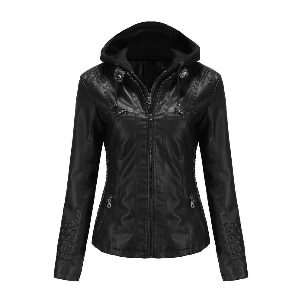 Faux Leather Motorcycle Jacket for Women, Female Coat, Moto Biker, Purple, Black,  Autumn, Spring, Fashion