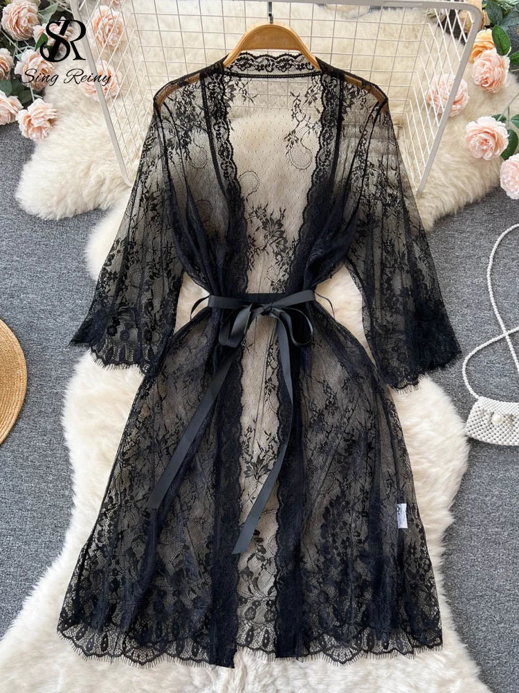 SINGREINY Mesh Lace Sxy Cardigan Pajamas Women Thin V Neck Transparent Black Lace-Up Design Fashion Loose Long Shawl Cardigan