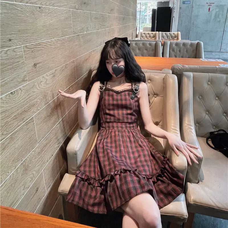 KOSAHIKI Plaid Dress Sets Women Outfits Black Lace Up Long Sleeve Cardigan Teen Girls Ruffles Sweet High Waist Sleeveless Dresse