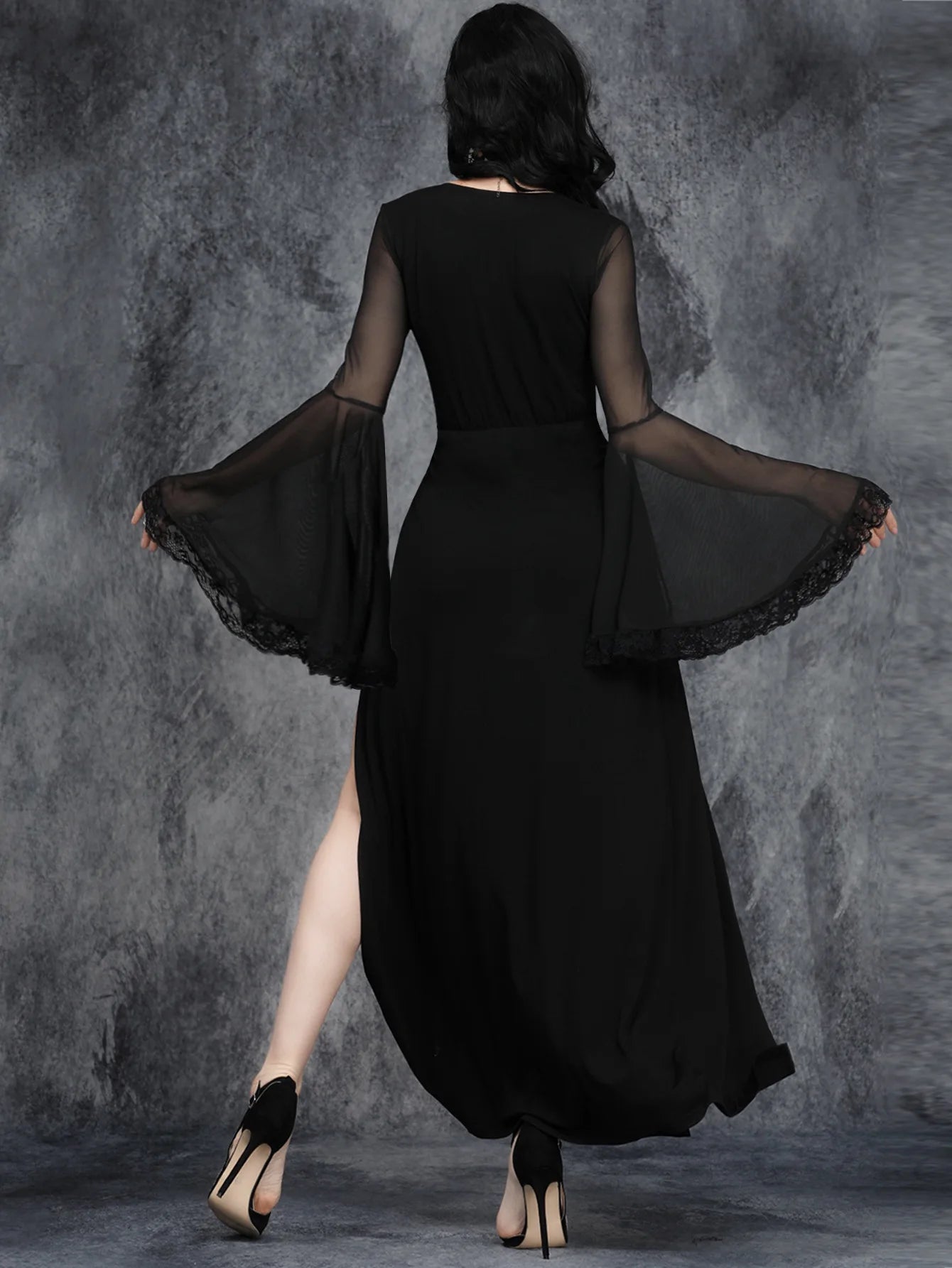 AltGoth Aesthetic Gothic Dark Cosplay Dress Women Streetwear Vintage Elegant Lace Sleeve Patchwork V-neck High Waist Split Dress