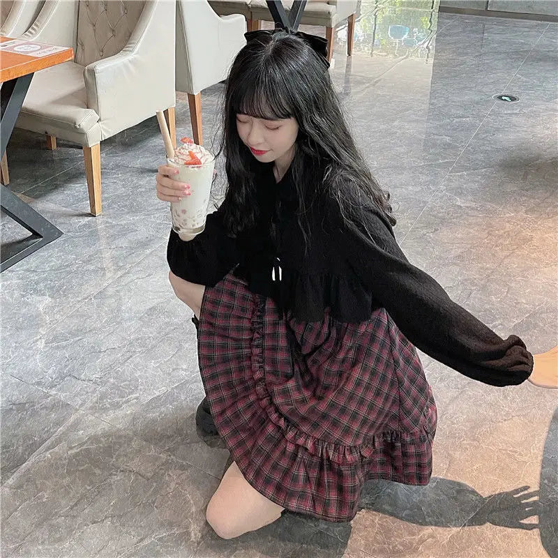 KOSAHIKI Plaid Dress Sets Women Outfits Black Lace Up Long Sleeve Cardigan Teen Girls Ruffles Sweet High Waist Sleeveless Dresse