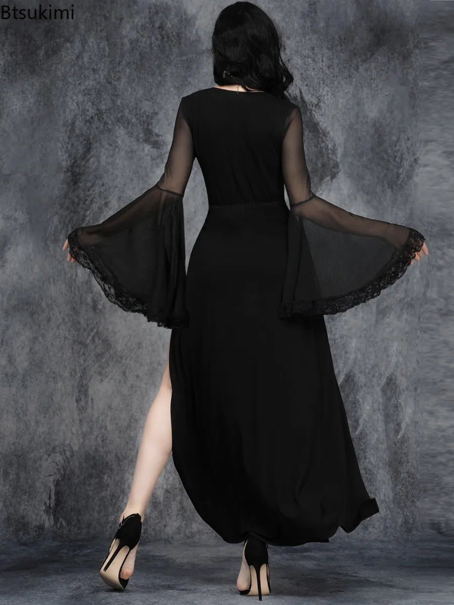 AltGoth Aesthetic Gothic Dark Cosplay Dress Women Streetwear Vintage Elegant Lace Sleeve Patchwork V-neck High Waist Split Dress