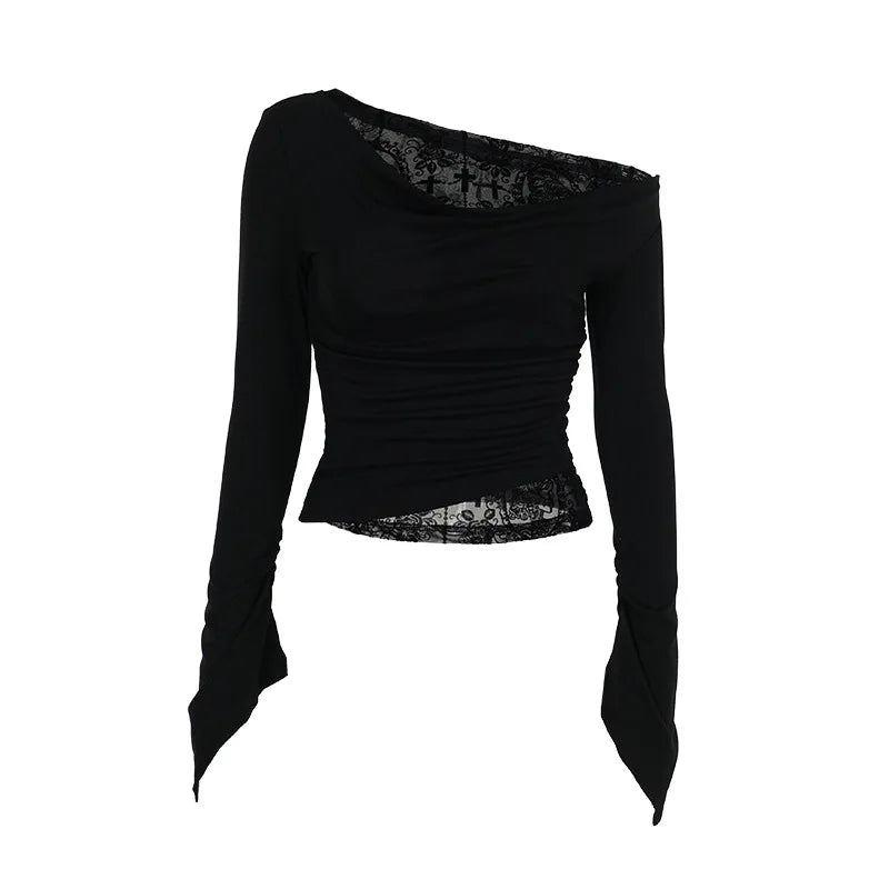 Goth Long Sleeve Oblique Shoulder Tops Fashion Autumn Elegant Flocking Mesh Patchwork T-shirts Mall Goth Techwear Alt Cloth