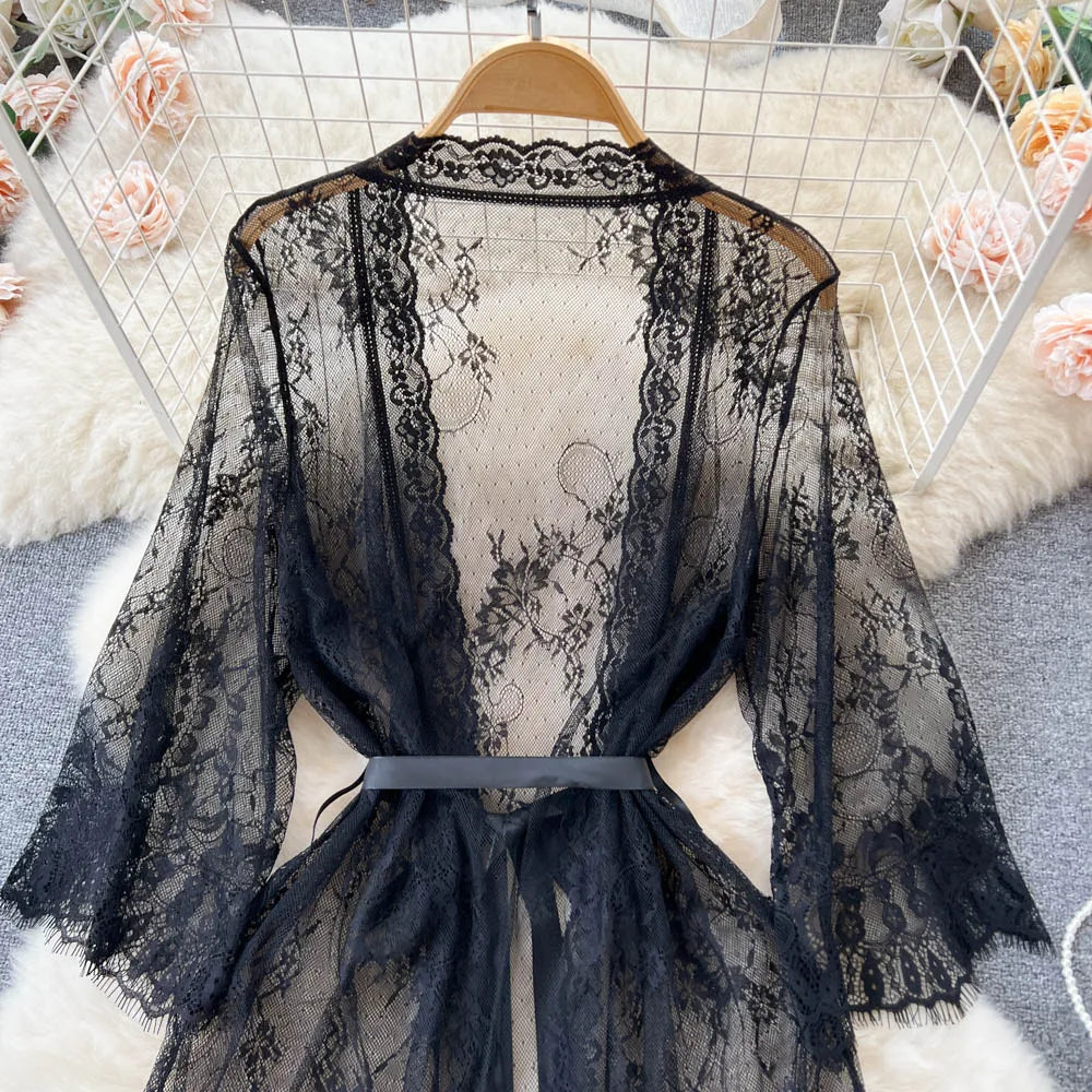 SINGREINY Mesh Lace Sxy Cardigan Pajamas Women Thin V Neck Transparent Black Lace-Up Design Fashion Loose Long Shawl Cardigan