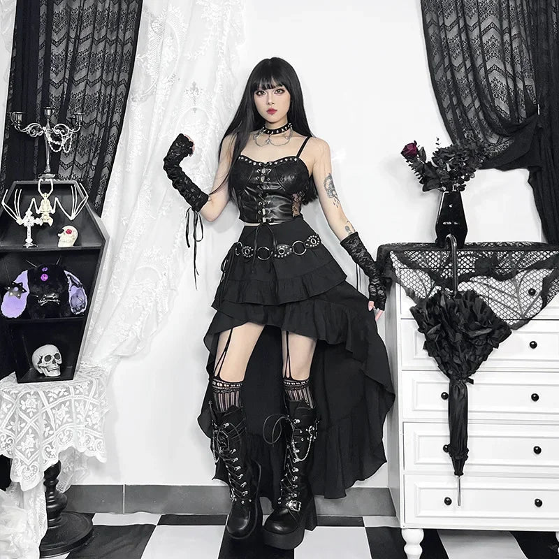 Goth Dark Kawaii Black Tiered Skirts 90S Retro Irregular Hem Party Bottoms Mall Gothic Women Fashion Dragging Skirt Alt Clothing