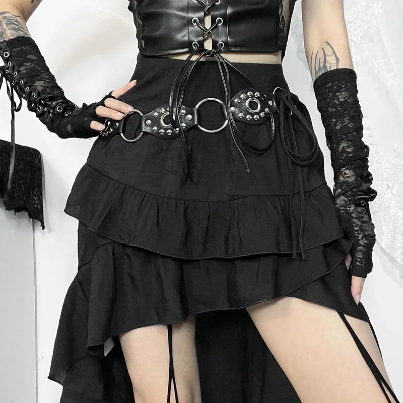 Goth Dark Kawaii Black Tiered Skirts 90S Retro Irregular Hem Party Bottoms Mall Gothic Women Fashion Dragging Skirt Alt Clothing