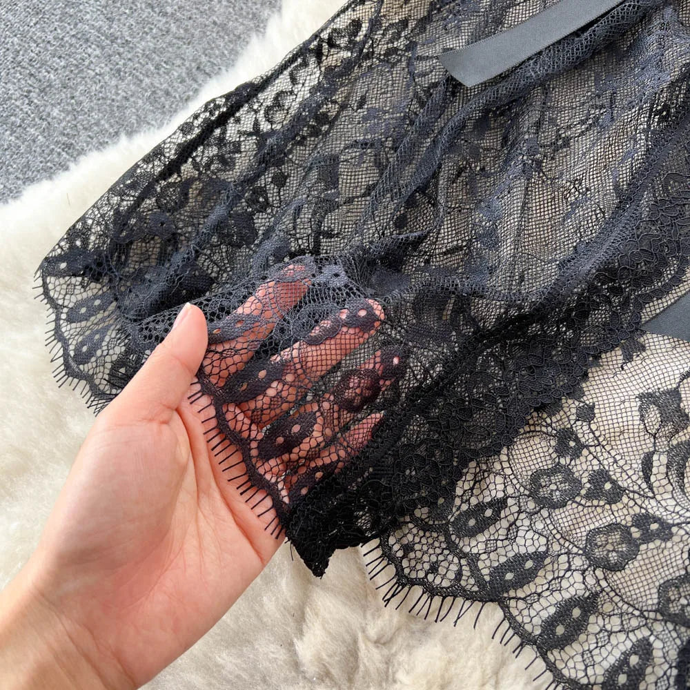 SINGREINY Mesh Lace Sxy Cardigan Pajamas Women Thin V Neck Transparent Black Lace-Up Design Fashion Loose Long Shawl Cardigan