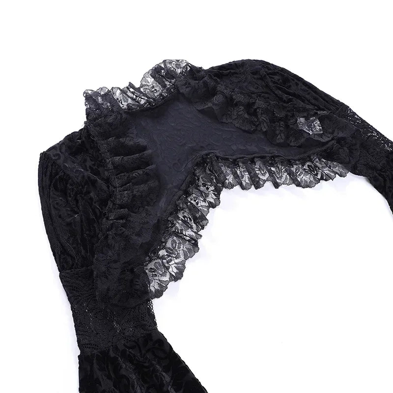 Goth Dark Elegant Evening Velvet Cheongsam Dresses Mall Gothic Lace Flare Sleeve Crop Tops Grunge Split Cut Out Partywear Dress