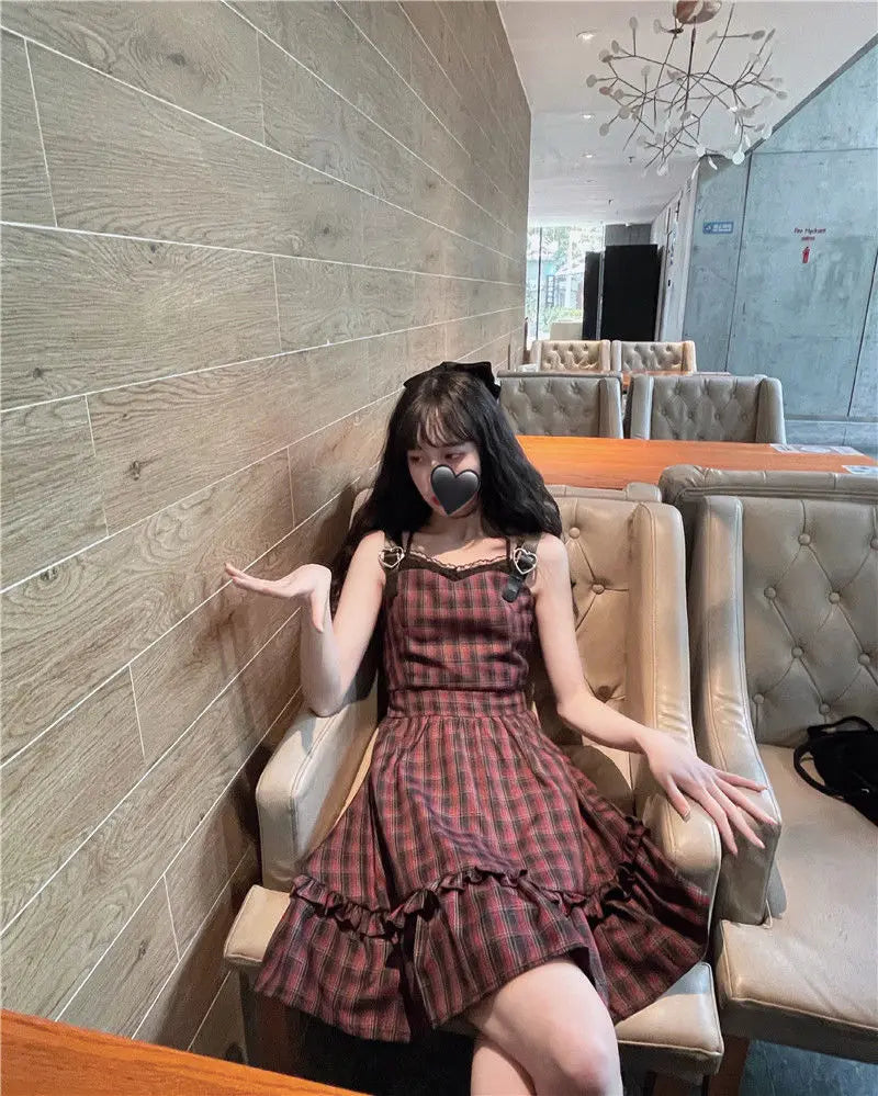 KOSAHIKI Plaid Dress Sets Women Outfits Black Lace Up Long Sleeve Cardigan Teen Girls Ruffles Sweet High Waist Sleeveless Dresse
